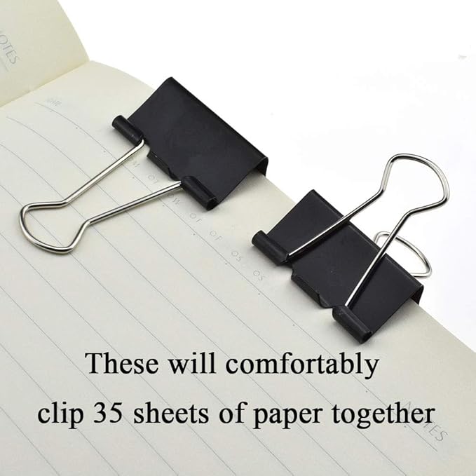HAHIYO Binder Clips Paper Clamps Spring Steel Sturdy Medium 1.26 inches Width 0.45 Inch Capacity No Sharp Edges Heavy Duty Tight Grip Reusable Black Metal Bright Finish for Home Office School 16 Pack