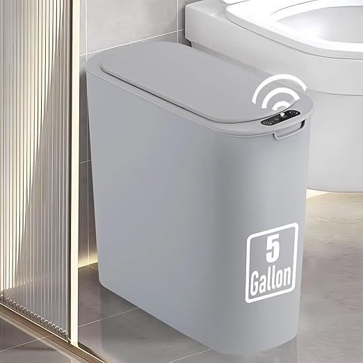 5 Gallon Motion Senor Bathroom Trash Can with Lid, Automatic Garbage Can Touchless, Smart Plastic Waste Basket for Narrow Spaces, Bathroom, Office, Bedroom, Living Room (Gray)