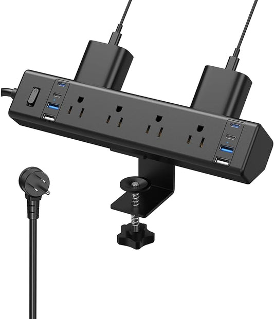 40W Fast Charging Station,Desk Clamp Power Strip,4 USB-C Ports & 8 AC Outlets,Desktop Edge Mount Surge Protector Power Strip,14AWG Heavy Duty Cord,Fit 1.9" Tabletop Edge for Home Office(10Ft Cable)