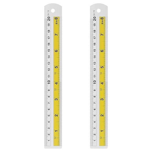 HARFINGTON 2pcs Metal Straight Ruler 20cm Metric SAE Aluminum Alloy Measuring Rulers Scale Tool with Hole for Measure Study Reading Classroom Office, Yellow
