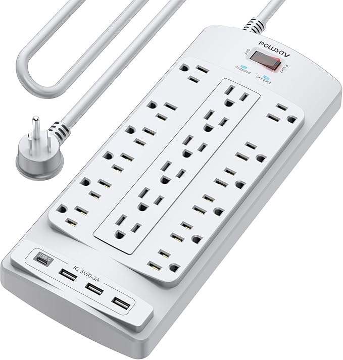18 Outlets Surge Protector Power Strip - 10 Feet Flat Plug Heavy Duty Extension Cord with 18 Widely Outlets and 4 USB Ports, 2100 Joules, Grey, ETL Listed