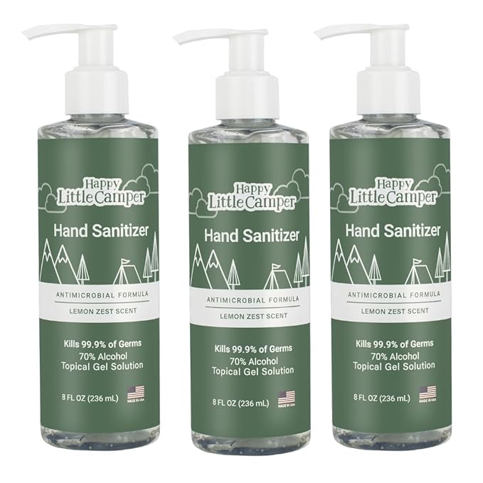 Happy Little Camper Hand Sanitizer with Lemon Zest Scent - Moisturizing Gel with Vitamin E & Antimicrobial Formula- Contains 70% Ethyl Alcohol - Travel Size, Made in USA - 3x 8oz bottles