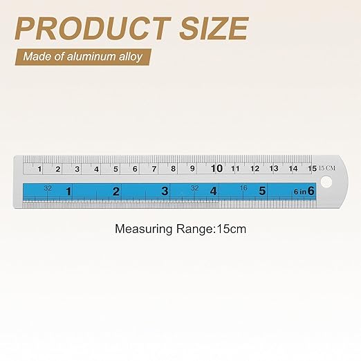 HARFINGTON 4pcs Metal Straight Ruler 15cm Metric SAE Aluminum Alloy Measuring Rulers Scale Tools with Hole for Measure Study Reading Classroom Office, Blue