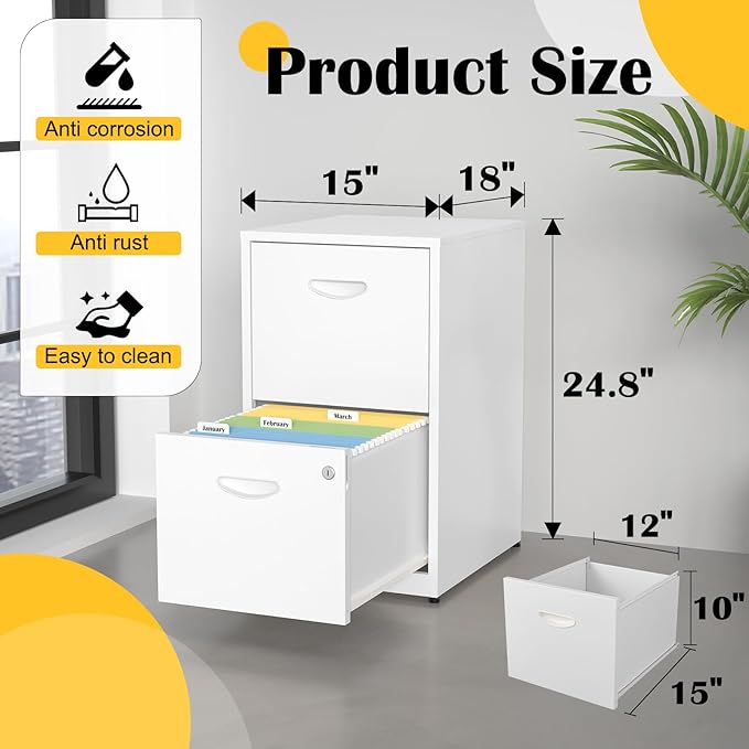 2 Drawer File Cabinet with Lock,White Metal Office Drawers Filing Cabinets for Home Office, Two Drawer Under Desk File Cabinet for Hanging Letter,Easy Assemble