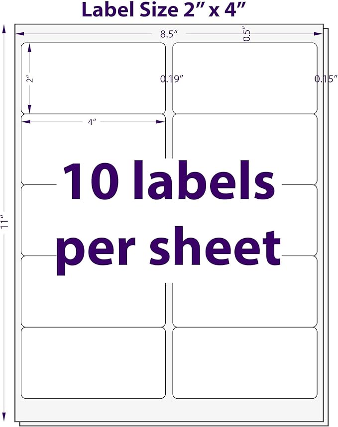 2" x 4", 25 Sheets, 250 Blank Shipping Labels, Printable White Sticker, Shipping Labels for Laser & Inkjet Printers, Letter Size