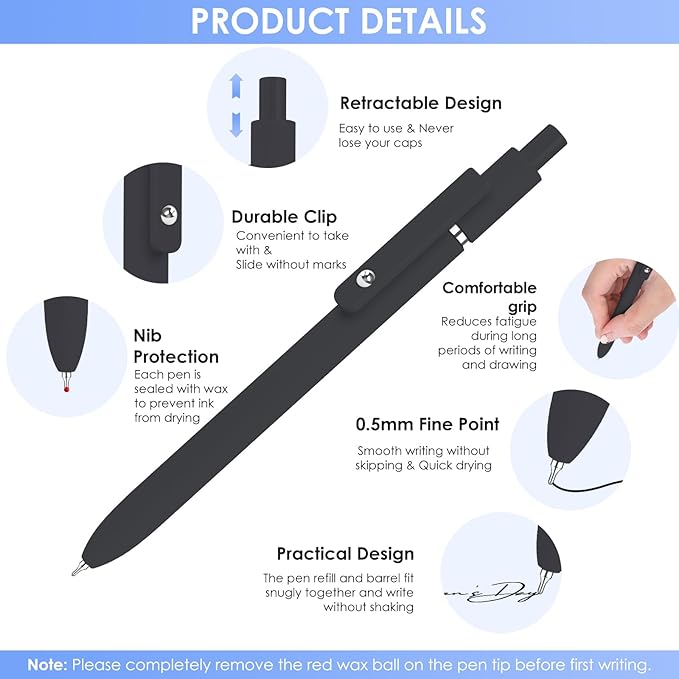 Gel Pens, 6PCS 0.5mm Black Ink Fine Point Pens With Smooth Writing, School Office Supplies, Anniversary Birthday Gifts for Men Women, Quick Dry Pen For Journaling, Nurse Aesthetic Pen (Elegant Black)