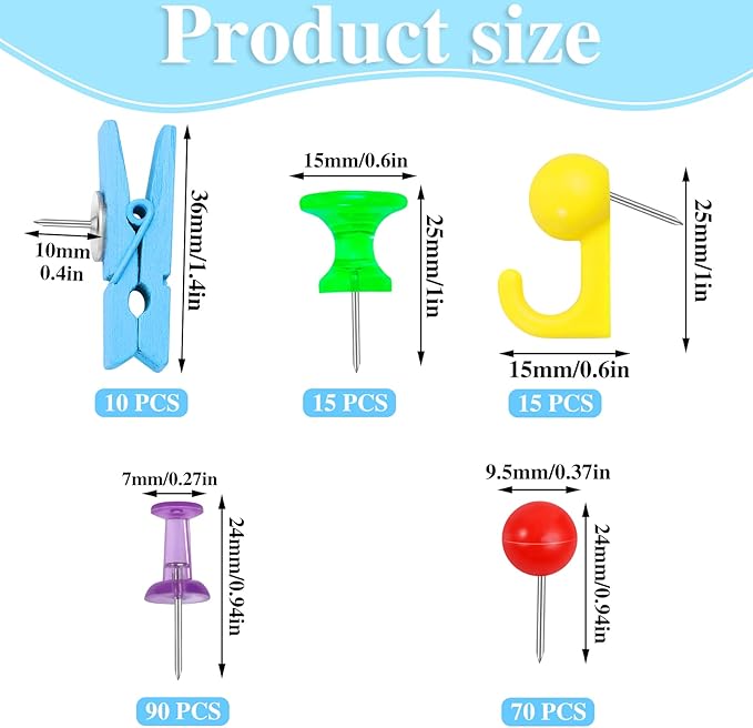 200 Pieces Push Pins Set, Thumb Tacks Multicolor Pushpin Clips Decorative Push Pins for Cork Board, 5 Style for Bulletin Boards Wall Maps Pictures Office Home Supplies