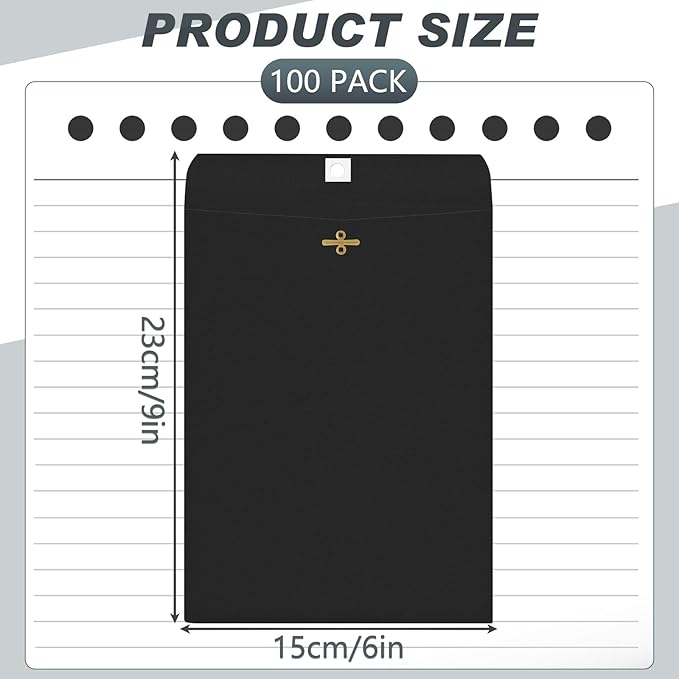 Geyee 100 Pcs Clasp Manilla Envelopes 6 x 9 Inch Gummed Colored Envelopes for Storing or Mailing for Home Office Business Supplies(Black)