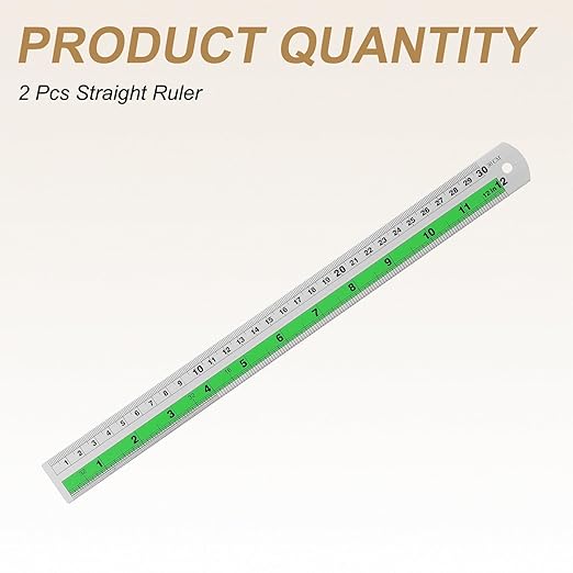HARFINGTON 2pcs Metal Straight Ruler 30cm Metric SAE Aluminum Alloy Measuring Rulers Scale Tool with Hole for Measure Study Reading Classroom Office, Green
