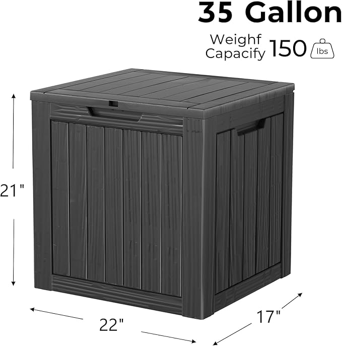 35 Gallon Lockable Resin Deck Box, Waterproof & UV-Resistant Outdoor Storage Box for Outdoor Cushion Storage, Garden Tools & Pool Accessories Storage, Black