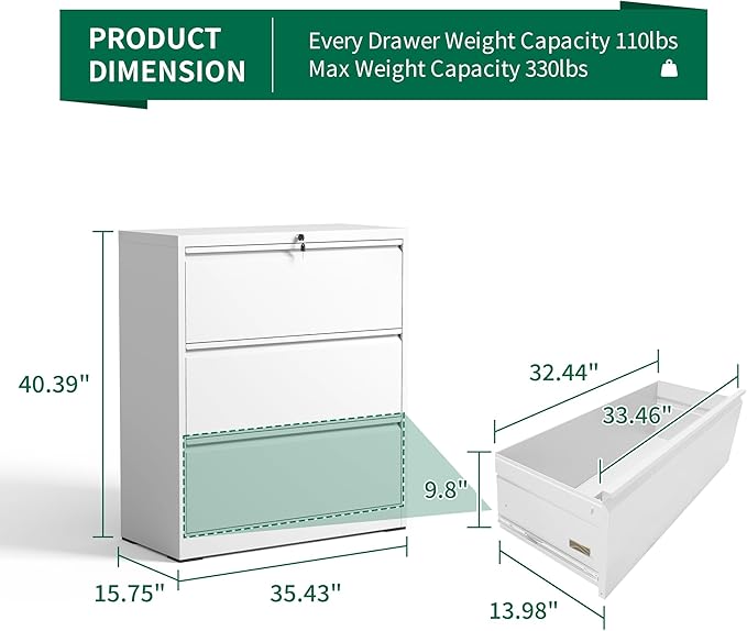 3 Drawer Lateral File Cabinet, Metal Filing Cabinets for Home Office, Steel Storage Wide File Cabinet for Letter/Legal/F4/A4 Size with Hanging Bars, Assembly Required (White)