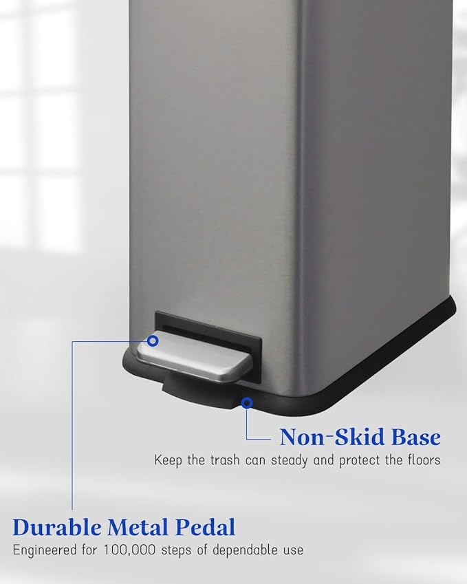 Grey Trash Can, 2.6 Gallon Bathroom Trash Can with Lid, Stainless Steel Garbage Can with Removable Liner, 10 Liter Rectangle Step Trash Bin for Office, Kitchen, Bedroom, Living Room, Dorm
