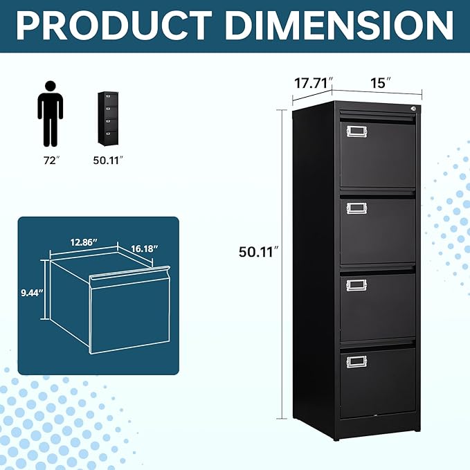 4 Drawer Filing Cabinets with Lock, Metal File Cabinet with 4 Drawers, Home Office File Folders Cabinet for Letter Legal A4 File Size