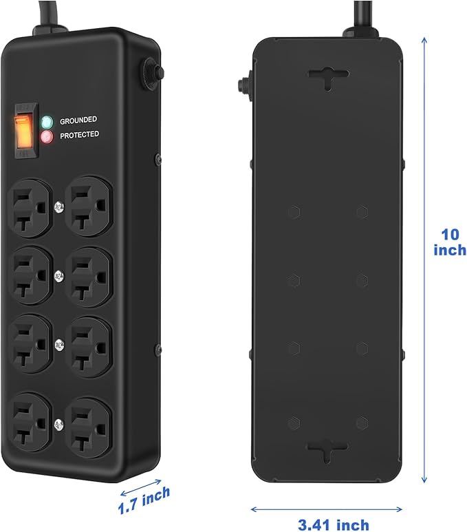 20Amp Power Strip Surge Protector, Durable Metal 8-Outlet with Heavy Duty 20 Amp 10Ft 12 Gauge Extension Cord, for Garage, Workshop & Industrial Use with 6-20R T-Slot Outlets, 4800J