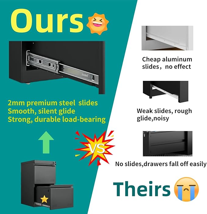 2 Drawer File Cabinet with Lock, Vertical File Cabinets for Home Office, Printer Stand, Heavy Duty Steel Office Storage Cabinet for Letter/Legal/A4, Assembly Required(Black)