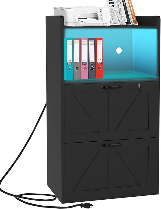 2 Drawer Lateral File Cabinet with Charging Station, Wood Filing Cabinet with Lock & LED Light, Large Storage Printer Stand for Home Office, Black