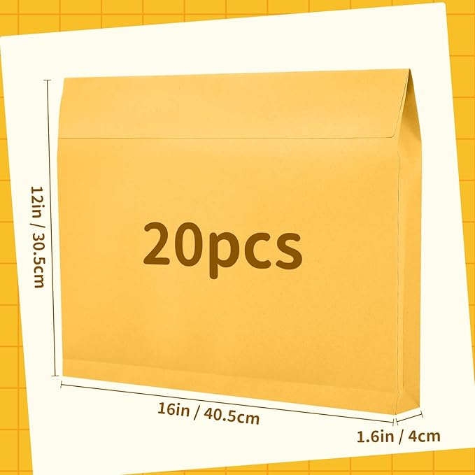 20 Pcs 12 x 16 x 1.6 Inch Large Expandable Catalog Envelopes Manilla Kraft Peel and Seal Envelopes Light Large Mailing for Office Home Documents Magazines Photos Storage Organizing (Yellow)