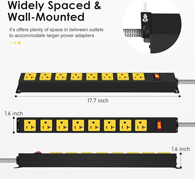 20Amp Power Strip Surge Protector, Long Metal 8-Outlets with Heavy Duty 20 amp 6Ft 12 Gauge Extension Cord for Garage Workshop & Industrial Use, 1200J