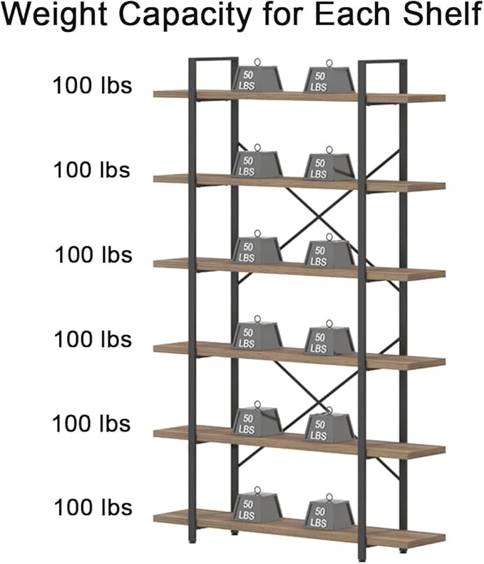 HSH Tall Bookcases and Book Shelves 6 Shelf, Metal Wooden Book Shelf and Storage Rack, Modern Etagere 6 Tier Bookshelf, Farmhouse Large Display Bookshelves for Bedroom Living Room Office, Rustic Oak