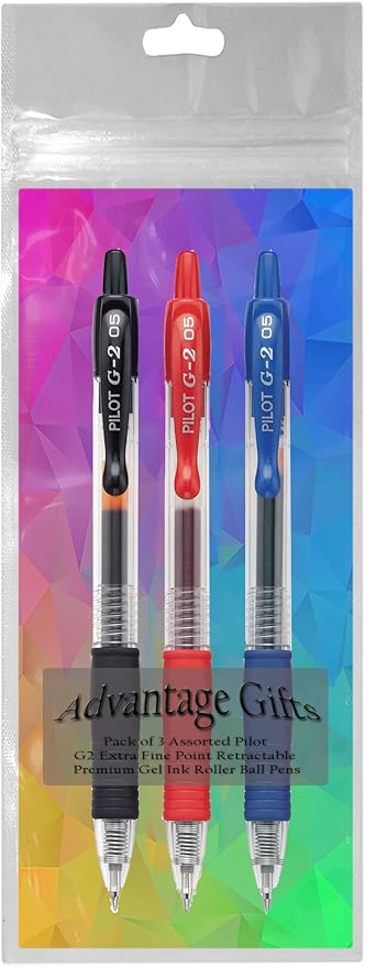 G2 Retractable Premium Gel Ink Roller Ball Pens Extra Fine Point (.5mm) Black/Blue/Red Ink 3 pack; Refillable & Premium Comfort Grip Bundle with Plastic Reusable Pouch