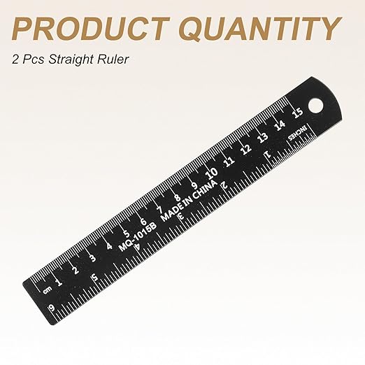HARFINGTON 2pcs Metal Straight Ruler 15cm Metric SAE Aluminum Alloy Measuring Rulers Scale Tool with Hole for Measure Study Reading Classroom Office, Black