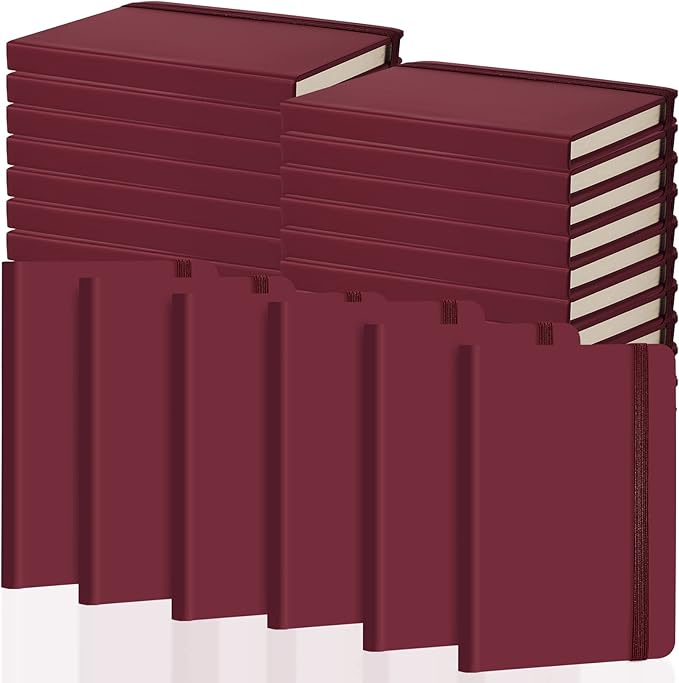 40 Pieces Small Notebooks A6 Pocket Journals 3.5 x 5.5 Inch Small Leather Notebook Mini Ruled Lined Journal with Elastic Band Pen Holder Page Marker Ribbons (Wine Red)