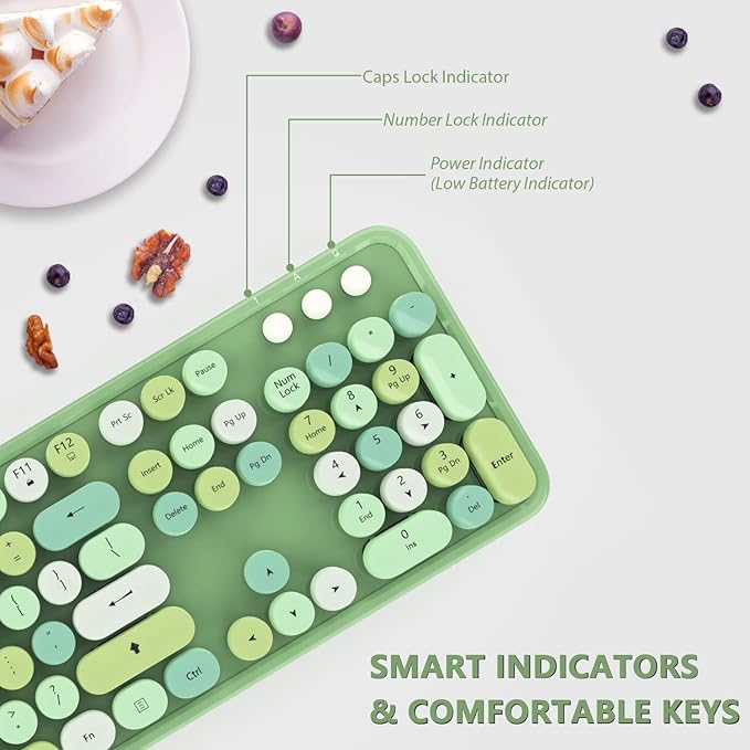 Green Wireless Keyboard and Mouse, KOOTOP Cute Green Colorful Keyboard and Mouse, 2.4G Wireless Keyboard with Retro Round Keycap for PC, Mac, Laptop,Tablet,Computer Windows (Green)