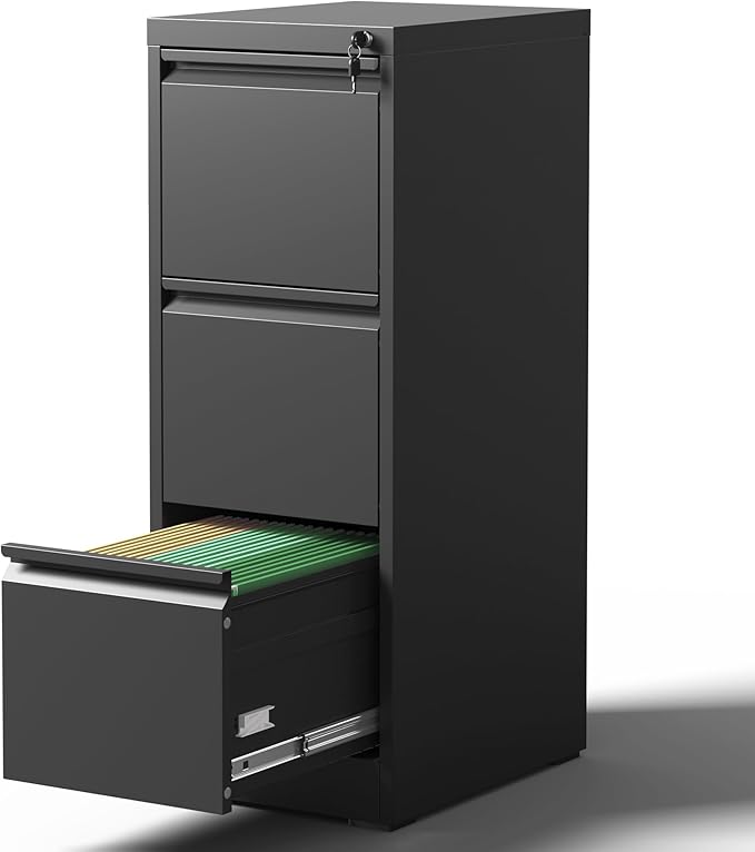 3 Drawer File Cabinet with Lock, Vertical File Cabinet with Lock, Locking File Cabinet Hanging Files for A4/ Legal/Letter, Require Assembly, Black
