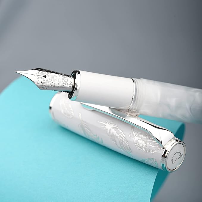 Hongdian N8 White Acrylic Resin Fountain Pen, Iridium Extra Fine Nib Silver Plated Feather Carving Cap Smooth Writing Pen with Converter and Metal Pen Box Set