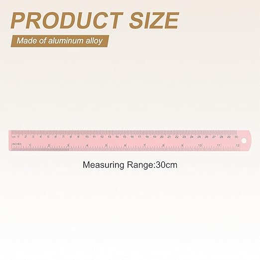 HARFINGTON 4pcs Metal Straight Ruler 30cm Metric SAE Aluminum Alloy Measuring Rulers Scale Tool with Hole for Measure Study Reading Classroom Office, Pink