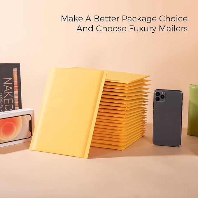 Fuxury Kraft Bubble Mailer 6x10 Inch 50 Pack，Strong Adhesion Padded Envelopes,Self Seal Bubble Envelopes, Waterproof Cushioned Bubble Mailers Packaging for Small Business，Bulk #0 Mailers Yellow
