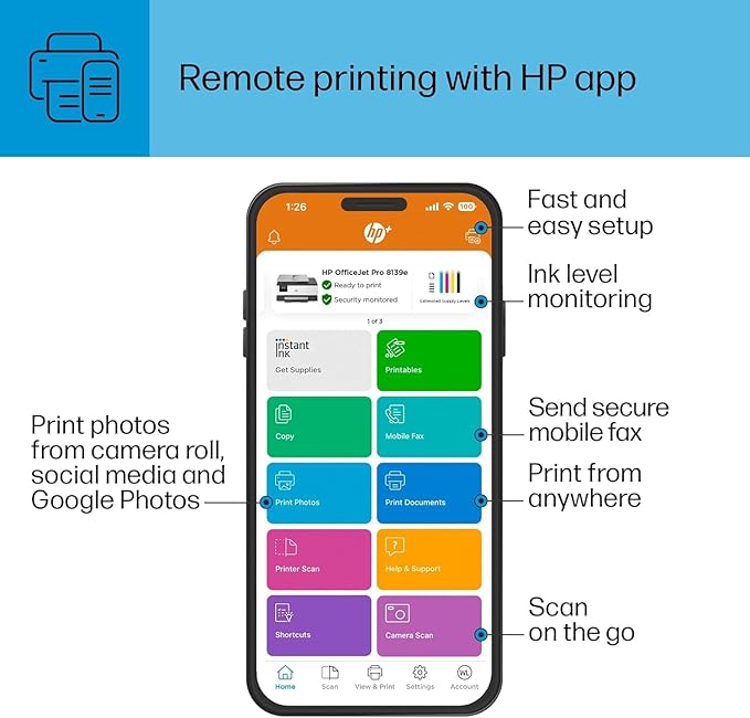 HP OfficeJet Pro 8139e Wireless All-in-One Color Inkjet Printer, Print, scan, Copy, fax, ADF, Duplex Printing Best-for-Home Office, 1 Year of Instant Ink Included (Renewed Premium)