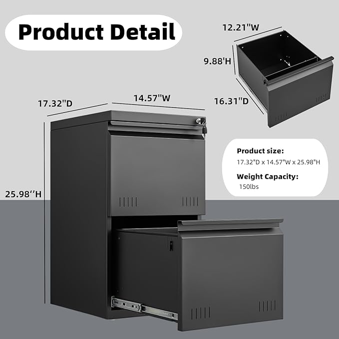 2 Drawer File Cabinets for Home Office, Vertical File Cabinet with Lock, Printer Stand, Office Storage Cabinet for A4/Letter/Legal Size, Under Desk Filing Cabinet, Assembly Required(Black)