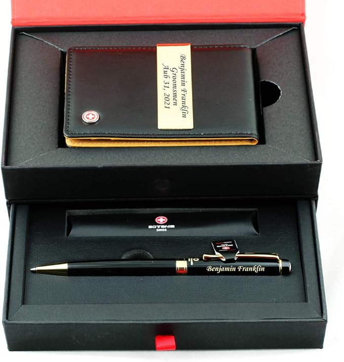 Free engraving - 24K Gold, Mens Leather Money Clips, Roller Ballpen, Ballpoint pen, Ball pen, Groomsmen Gift,Three Lines Each 20 Characters, Free Customization (BLACK)