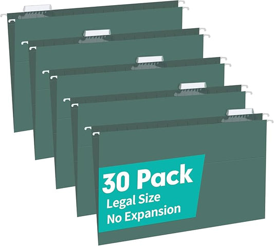 HERKKA Hanging File Folders, 30 Pack Reinforced Legal Size Hanging Folders with Heavy Duty 0 Inch Expansion, Designed for Bulky Files, Medical Charts, Adjustable Tabs, Green