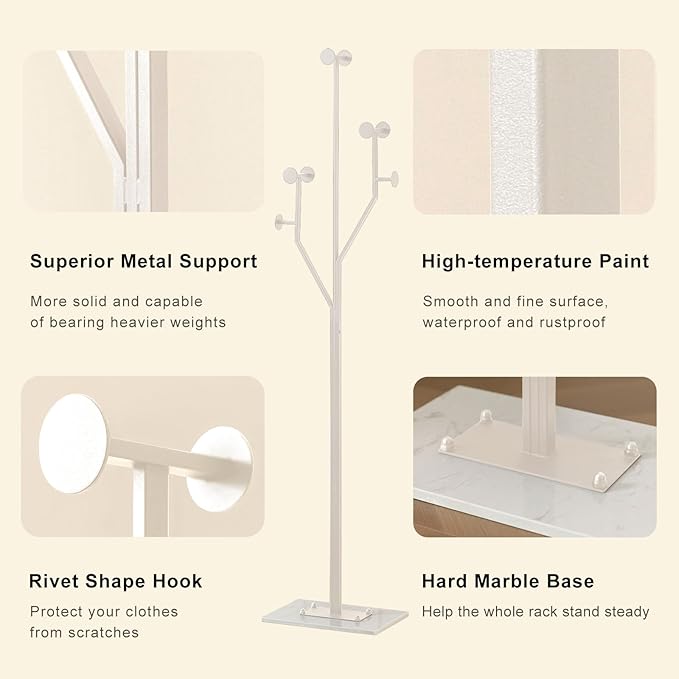 Heavy Duty Coat Rack Tree-shaped Metal Freestanding Coat Tree with Sturdy Marble Base Corner Coat Rack for Bedroom Entryway Hallway 14.96 x 10.24 x 68.9 Inches (White)