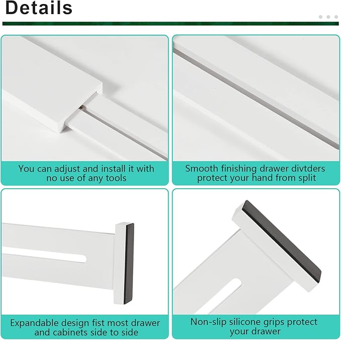 4 Pack Bamboo Drawer Dividers, Adjustable Length from 12 Inch to 17 Inch, Expandable Kitchen Drawer Organizer, Drawer Organization Separators for Clothes, Kitchen, Bedroom, Dresser, Office (White)