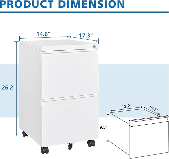 2 Drawers File Cabinet with Lock Metal Vertical File Cabient with Wheels Mobile File Cabinet for Office Home Legal/Letter/a4 Size Require Assembly (White, 2 Drawers)