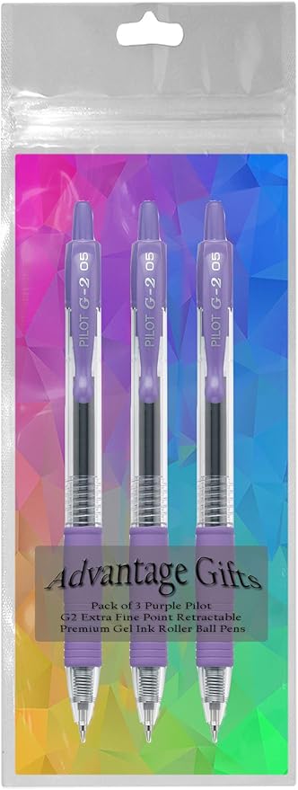 G2 Retractable Premium Gel Ink Roller Ball Pens Extra Fine Point (.5mm) Purple Ink 3 pack; Refillable & Premium Comfort Grip Bundle with Plastic Reusable Pouch