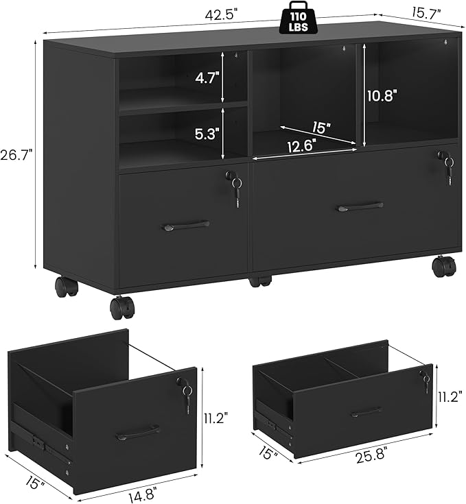 2 Drawer Wood Mobile Large Lateral File Cabinet with Lock, Lockable Rolling Filing Cabinet with Storage Shelves, Printer Stand Office Storage for Home Office Fits Files Legal/A4,Black