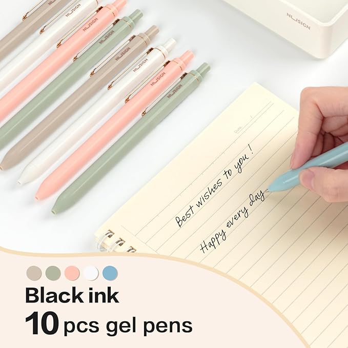 Gel Pens, 10 Pcs 0.5mm Retractable Black Ink Fine Point Rolling Ball Gel Pen, Smooth Writing No Bleed for Journaling Note Taking, Home School Office Supplies