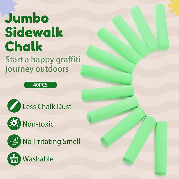Fulmoon 40 Pcs Jumbo Sidewalk Chalk for Kids Outdoor Art Non Toxic Large Washable Street Chalk for Adults Drawing Painting Classroom(Fruit Green,Round Style)