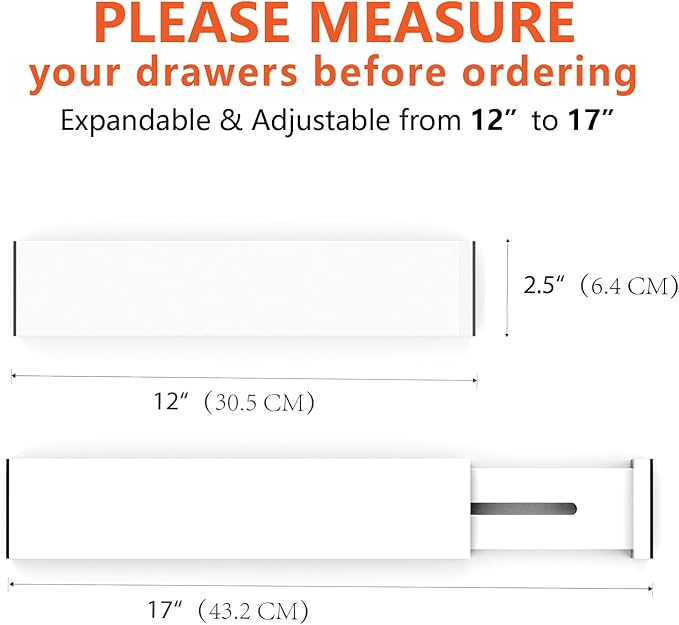 4 Pack Bamboo Drawer Dividers, Adjustable Length from 12 Inch to 17 Inch, Expandable Kitchen Drawer Organizer, Drawer Organization Separators for Clothes, Kitchen, Bedroom, Dresser, Office (White)