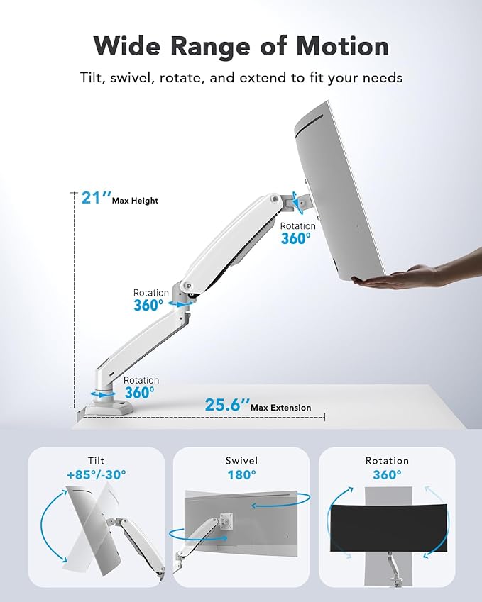 HUANUO Single Monitor Arm for 40 inch Screens, Ultrawide Computer Monitor Mount Holds 26.48 lbs, Upgraded Adjustable Stand with USB, C-Clamp & Grommet Base, VESA 75x75 or 100x100mm