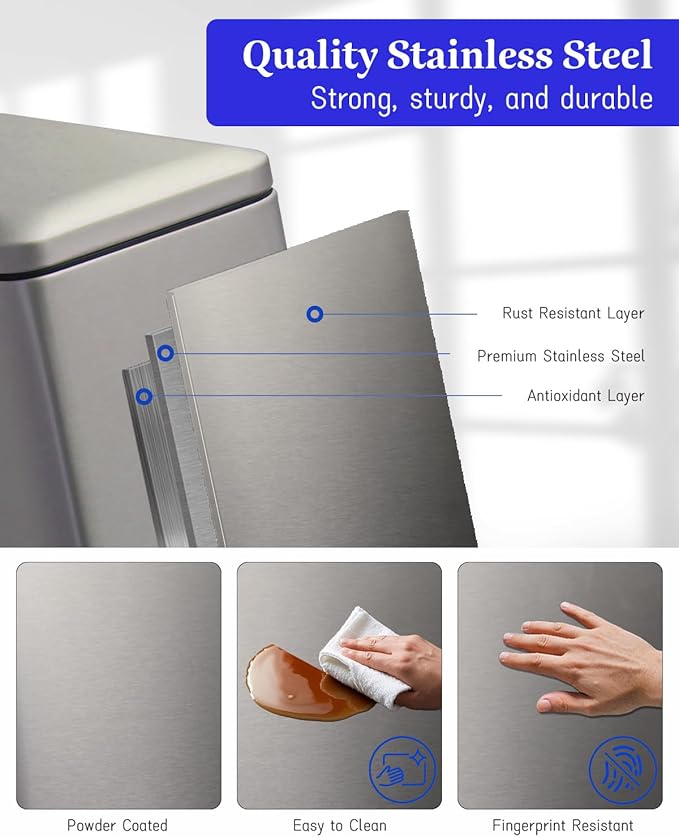 Grey Trash Can, 2.6 Gallon Bathroom Trash Can with Lid, Stainless Steel Garbage Can with Removable Liner, 10 Liter Rectangle Step Trash Bin for Office, Kitchen, Bedroom, Living Room, Dorm