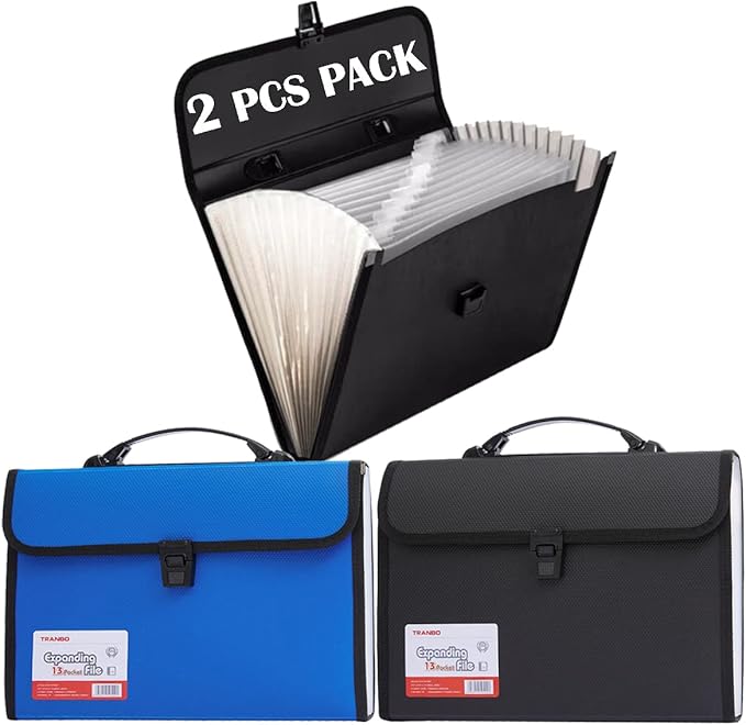2 Pack 12 Pockets Accordion File Organizer with Handle, TRANBO Letter Size/A4 Expanding File Folder, Portable Paper Organizer, Expandable Plastic Document Organizer for Travel School Office