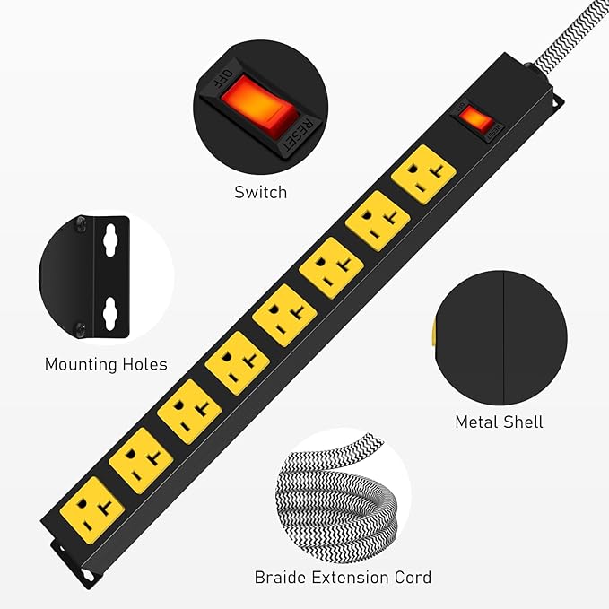 20Amp Power Strip Surge Protector, Long Metal 8-Outlets with Heavy Duty 20 amp 6Ft 12 Gauge Extension Cord for Garage Workshop & Industrial Use, 1200J