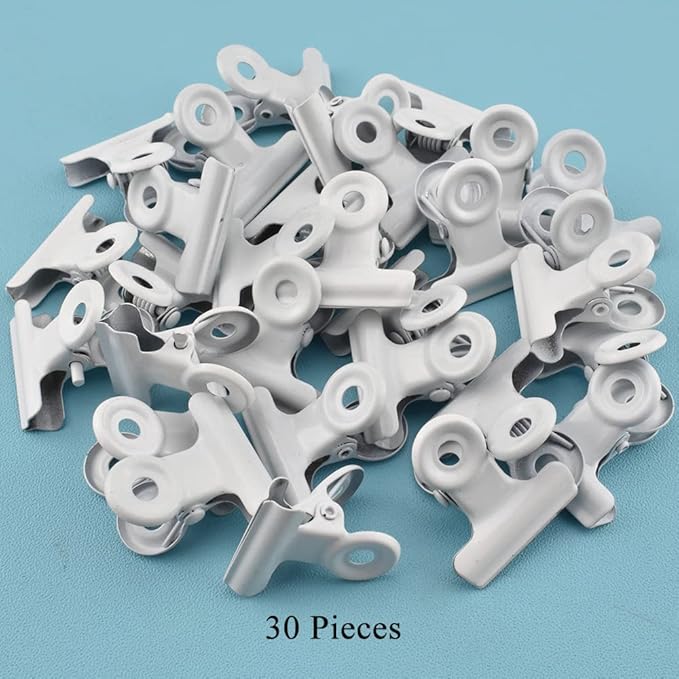 HAHIYO 0.87inch White Bulldog Clips Metal File Hinge Binder Clips Clamps Save Space Strong Spring Jaws Rock Solid Grip Book Lay Flat Deburred Edge for Hang Photos Wall Grid Dog Food 30PCS