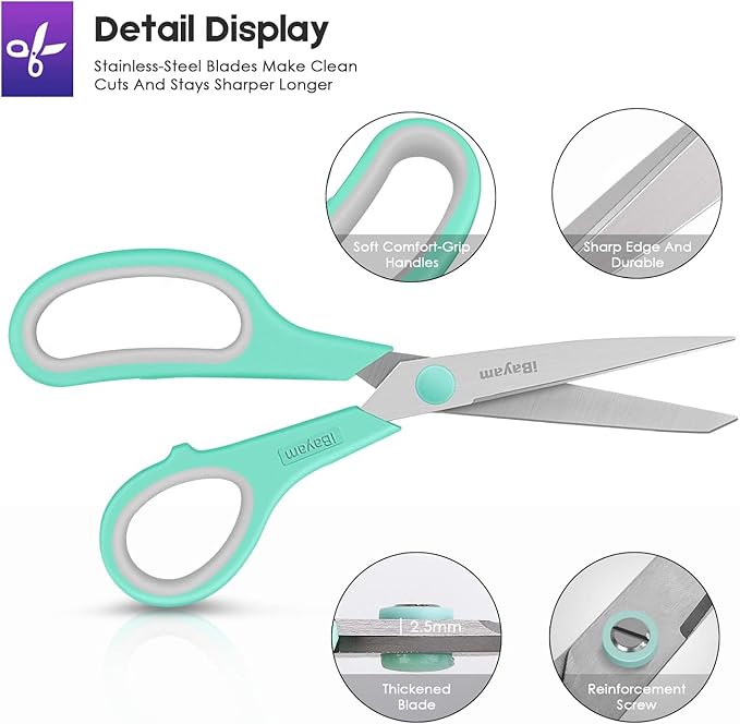 iBayam 8 '' Multipurpose Heavy Duty Scissors Bulk 36-Pack, 2.5mm Thickness Ultra Sharp Blade Shears with Comfort-Grip Handles for Household School Office Supplies, Right/Left Hand Tools