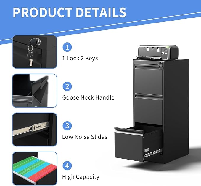 3 Drawer File Cabinet with Lock, Vertical Filing Cabinets for Home Office, Locking File Cabinet Hanging Files for A4/ Legal/Letter, Require Assembly, Black